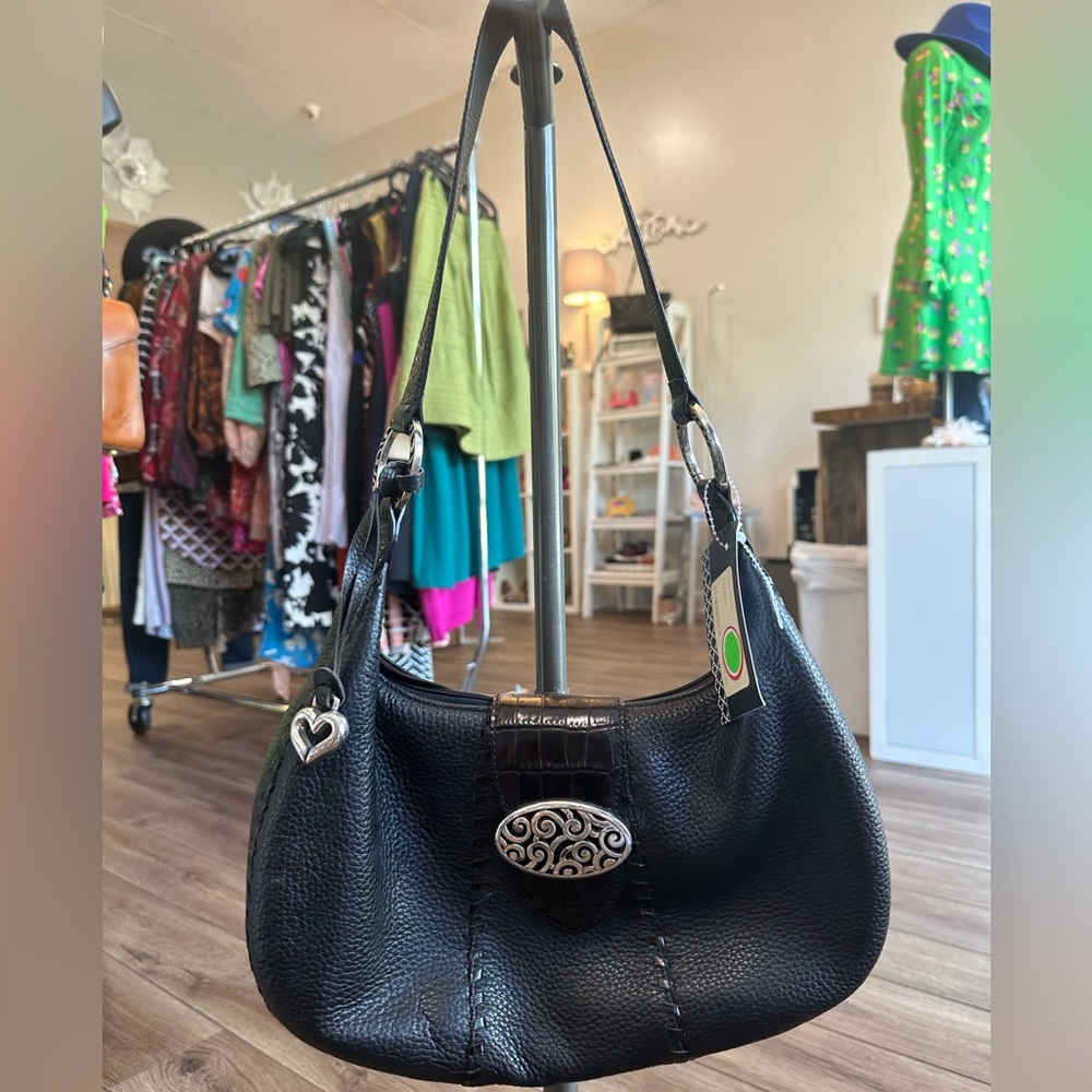 Brighton black shoulder bag with silver detailing zipper and magnet opening